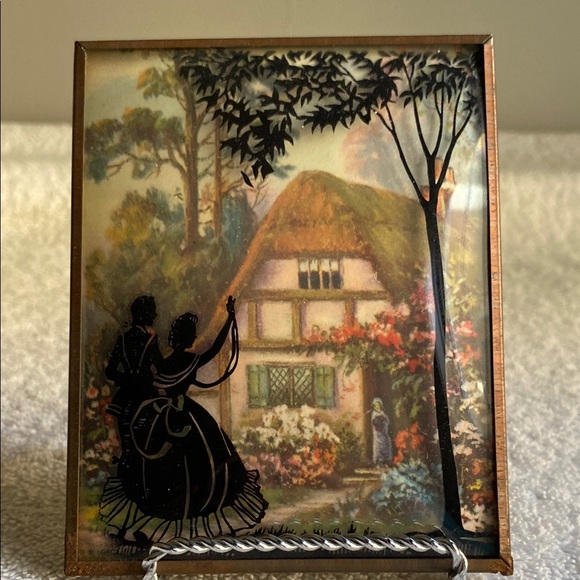 Vintage Silhouette Green and Black Cottage Painting Framed in Glass - Picture 2 of 4